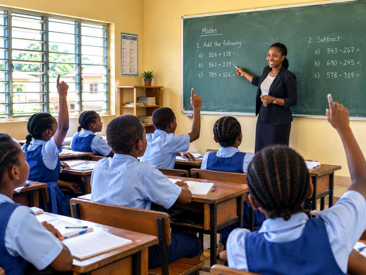 A teacher guiding attentive students during a lesson in a bright Nigerian classroom