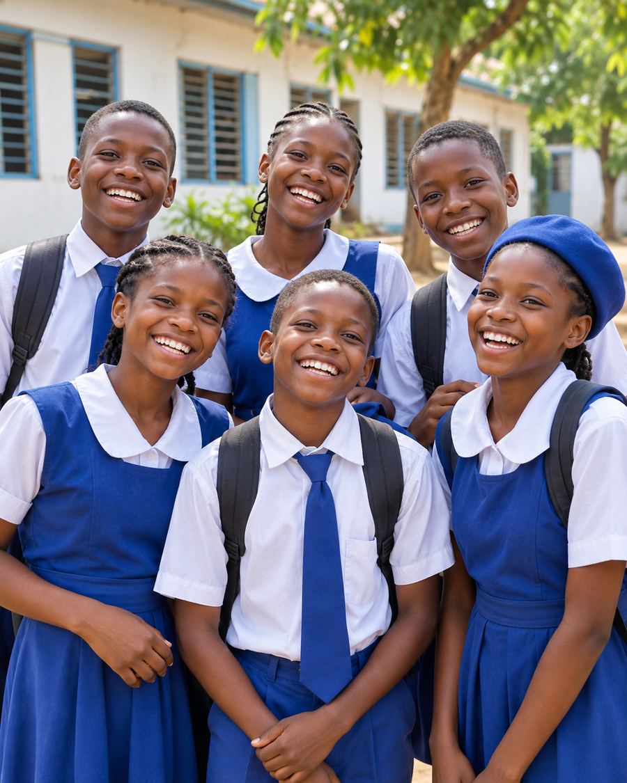 Happy Neribo Academy students in school uniform smiling together in their school compound